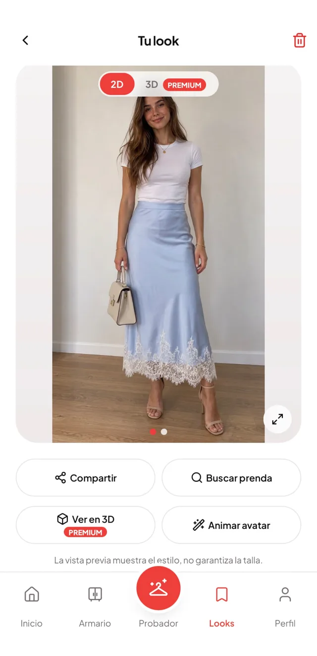 Pantalla de la app Ponmelo con la mujer luciendo el look elegido