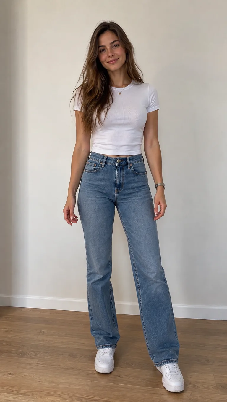 Foto original de la mujer con camiseta gris y vaqueros