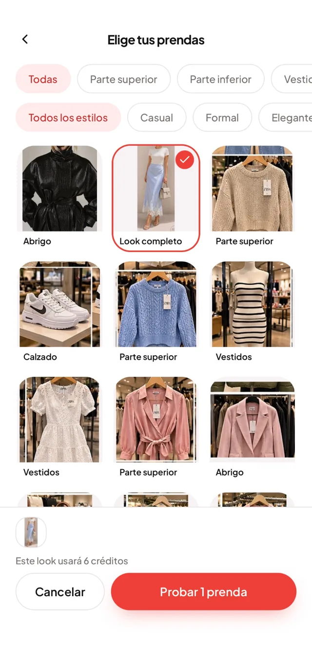 Pantalla de la app Ponmelo con un armario de ropa para elegir