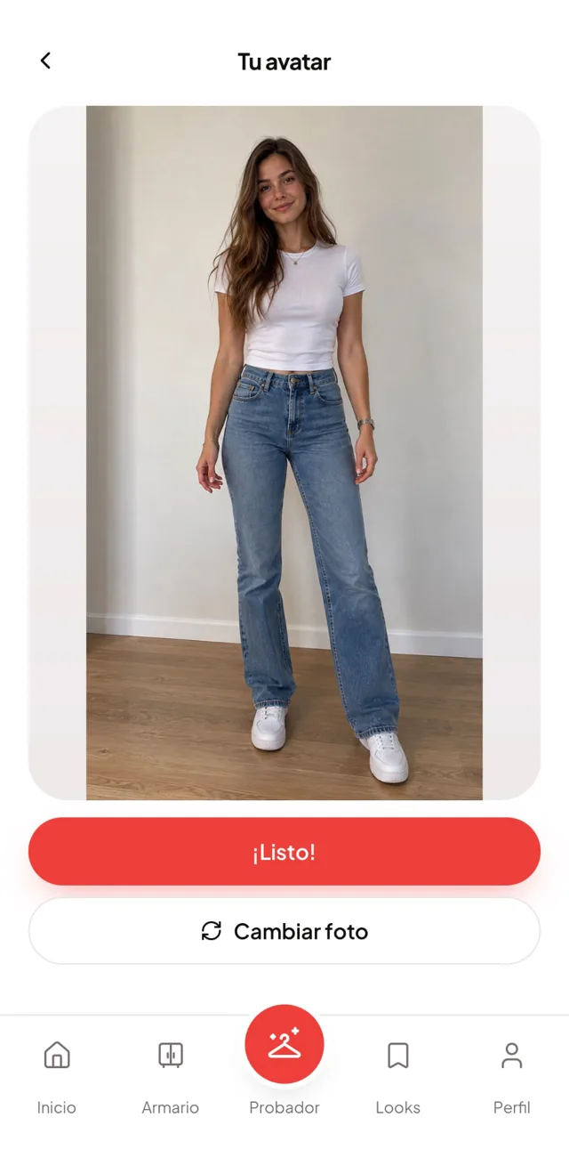 Pantalla de la app Ponmelo con una foto de cuerpo entero lista como avatar